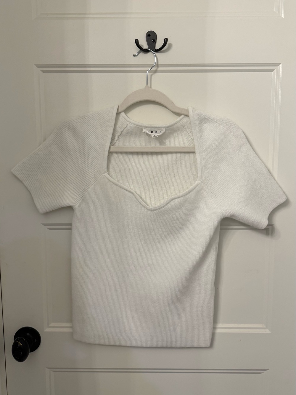 THML White Short Sleeve Ribbed Top with Cutout Neckline
